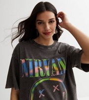 New Look Dark Grey Acid Wash Nirvana Logo Oversized T-Shirt